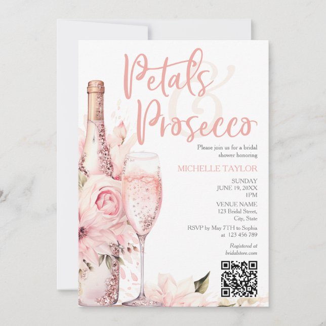 Convite Petais Elegantes e Prosecco Boho Blush Código QR R (Frente)