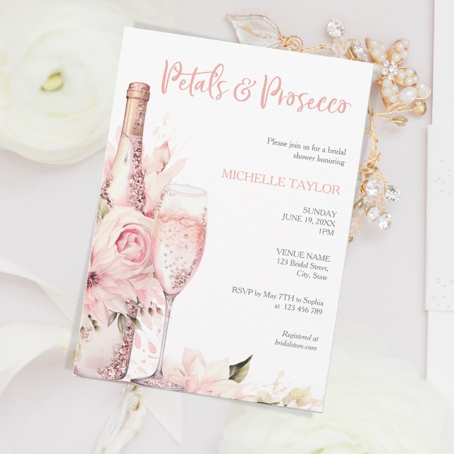Convite Petais Elegantes e Prosecco Boho Blush Pink Verão (Criador carregado)