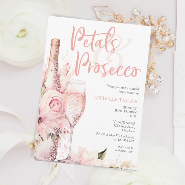 Convite Petais Elegantes e Prosecco Boho Blush Pink Verão (Criador carregado)