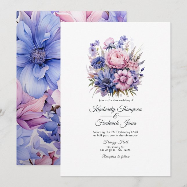 Convite Petal Rosa, Cornflower Blue & Mauve Purple Weding (Frente/Verso)