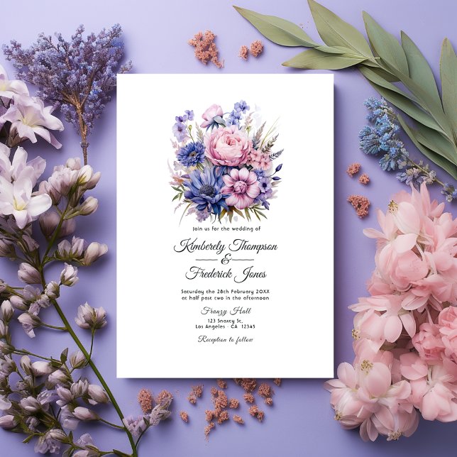 Convite Petal Rosa, Cornflower Blue & Mauve Purple Weding (Petal Pink, Cornflower Blue and Mauve Purple floral wedding)