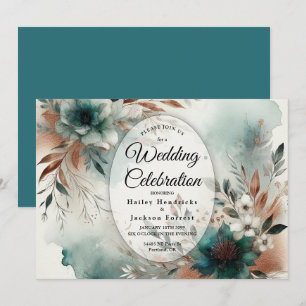 Convite Pétalas Azul-turquesa em Flor de Bronze Casamento