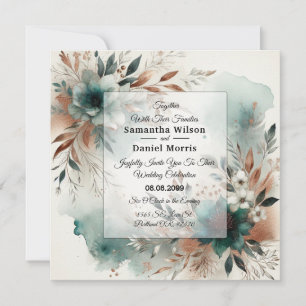 Convite Pétalas Azul-turquesa em Flor de Bronze Casamento