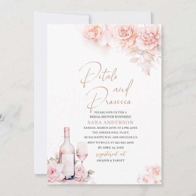 Convite Pétalas de Aquarela Elegante e Prosecco Bridal Sho (Frente)