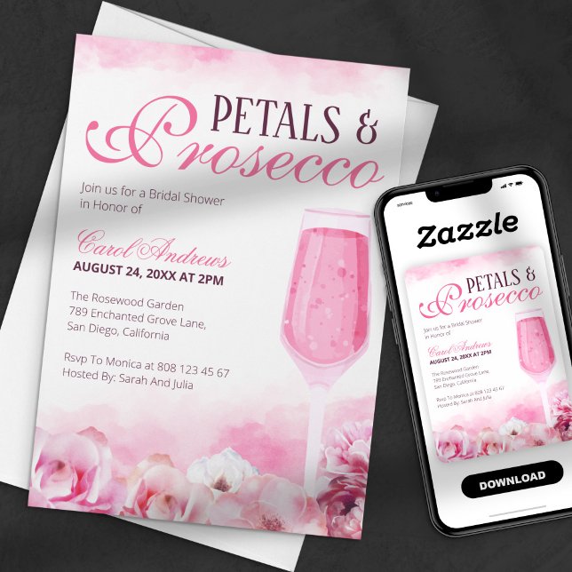 Convite Pétalas de Aquarela Rosa & Prosecco Chá de Bebê da (Criador carregado)