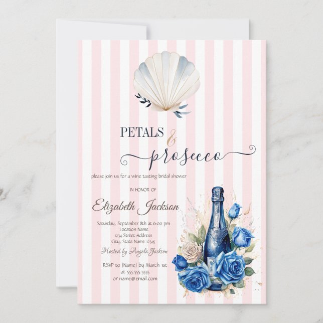 Convite Pétalas de Conchas & Prosecco Listras Rosa (Frente)