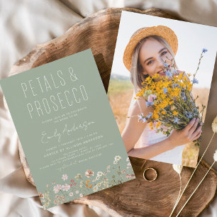 Convite Pétalas de Flor Selvagem Verde e Foto Prosecco