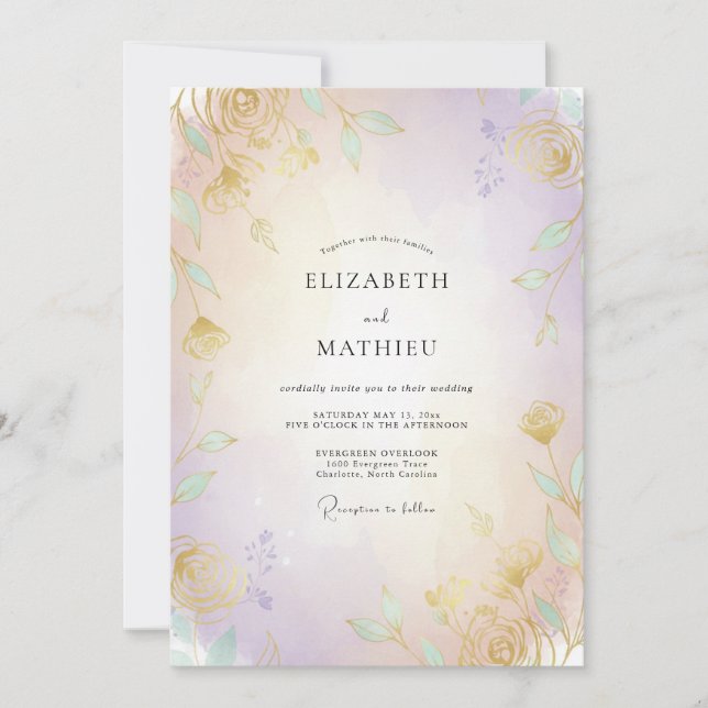 Convite Pétalas de Ouro Iridescente Casamento (Frente)