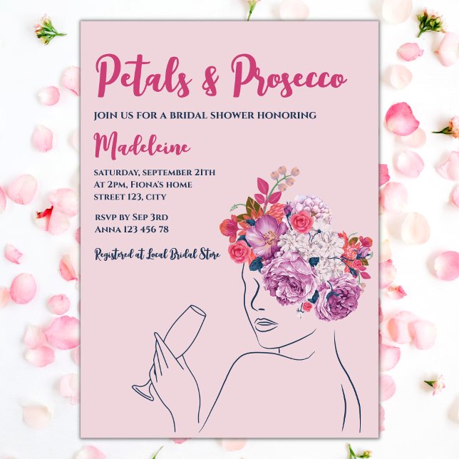 Convite Pétalas E Chá de panela Floral Rosa Prosecco (petals and prosecco bridal showerinvitation blush floral wreath woman silhouette)