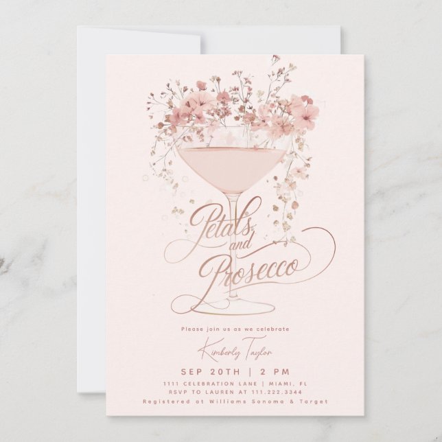 Convite Pétalas E Prosecco Flores Silvestres Rosa Festa de (Frente)