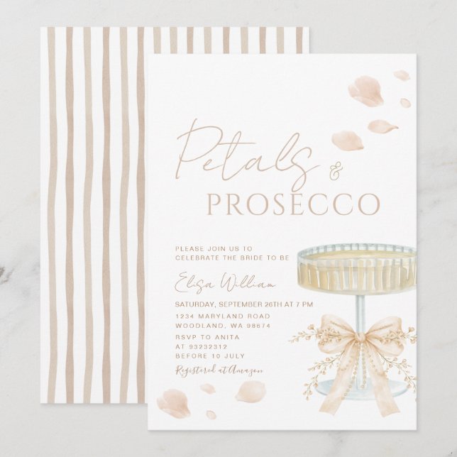 Convite Pétalas e Prosecco Laço Bege Chuveiro de Noiva (Frente/Verso)