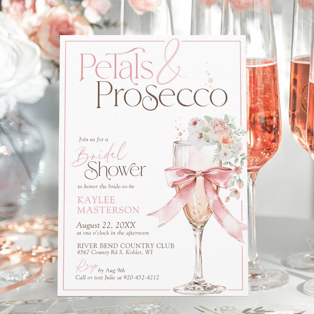 Convite Pétalas e Prosecco Rosa Floral Chá de Bebê de Noiv (Petals and Prosecco Watercolor floral champagne pink coquette bow elegant bridal shower invitation)