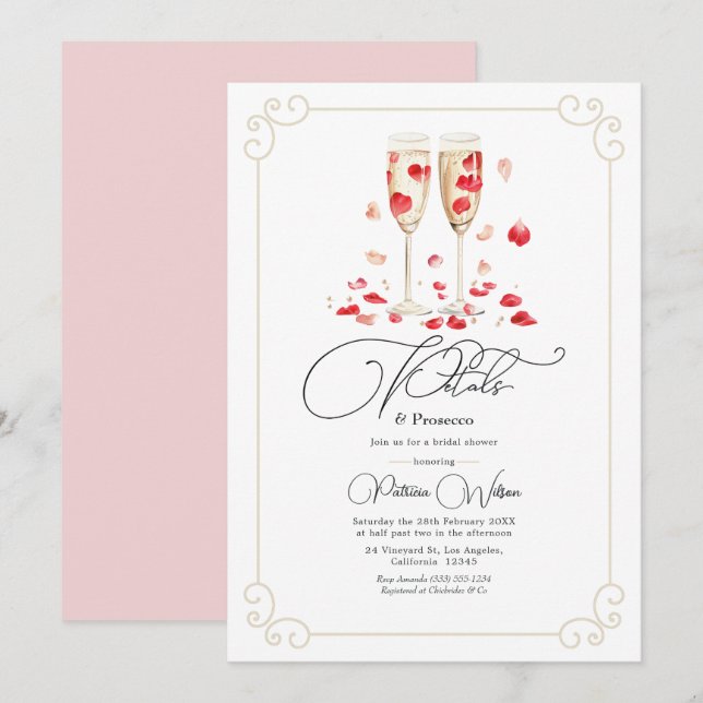Convite Pétalas Elegantes e Chás de Bebê com Prosecco (Frente/Verso)