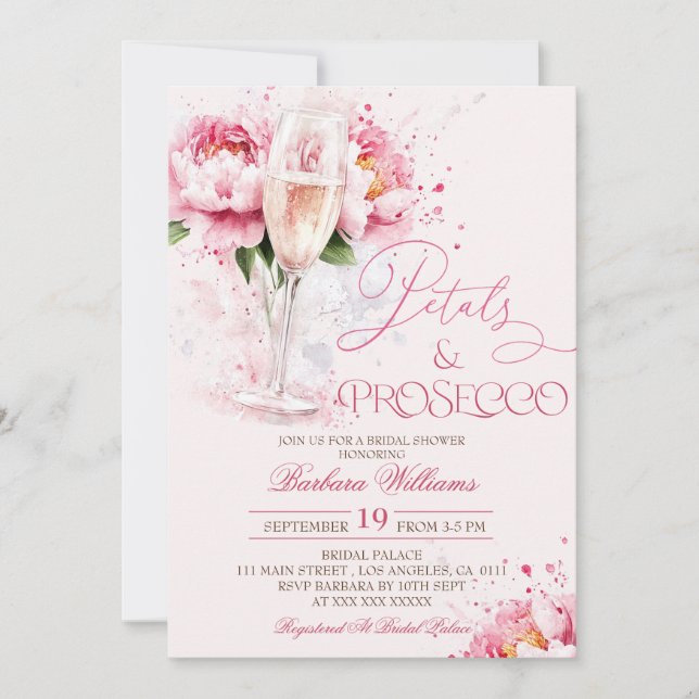 Convite Pétalas Florais Rosa & Brunch de Chá de Noiva com  (Frente)