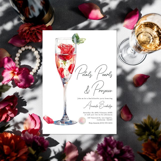 Convite Pétalas, Pérolas e Festa de solteira Prosecco (Petals, Pearls and Prosecco Bachelorette Party Invitation)
