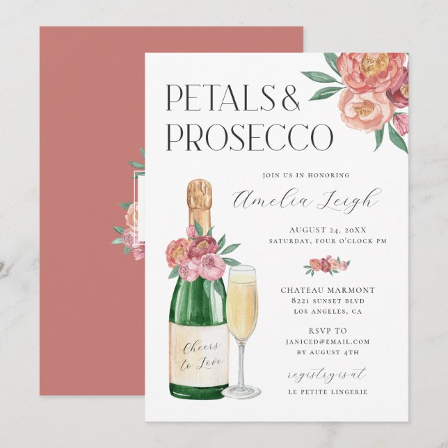 Convite Pétalas & Prosecco Bege Rosado Floral (Frente/Verso)