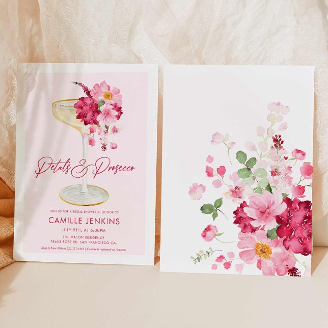 Convite Pétalas Rosa e Prosecco Garden Bridal (Pink Petals and Prosecco Bridal Shower Invitation)