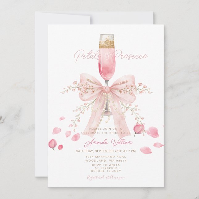 Convite Petals and Prosecco Blush Bow Petals Bridal Shower (Frente)