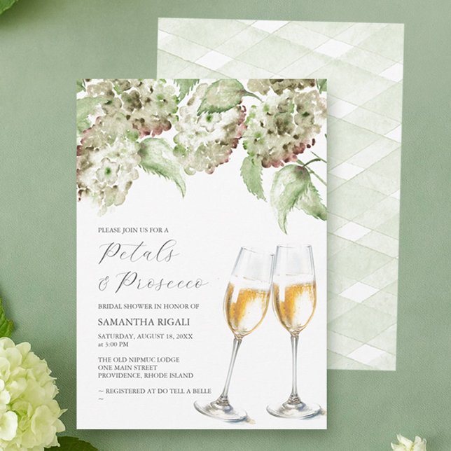Convite Petals and Prosecco Bridal Shower Invite Hydrangea (Petals and prosecco bridal shower invitations designed with hand painted watercolor hydrangea art )