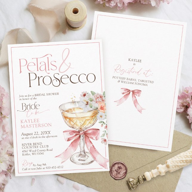 Convite Petals and Prosecco Floral Champagne Bridal Shower (Petals and Prosecco pink watercolor coquette elegant floral champagne coupe bridal shower invitation)