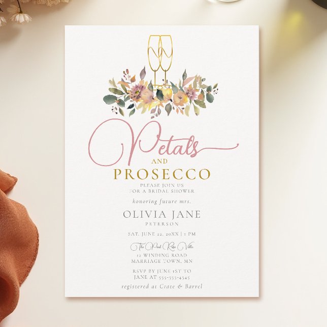 Convite Petals Colheita de Prosecco Flores Caindo Chá de p (fall bridal shower invitation petals and prosecco floral watercolor elegant calligraphy)