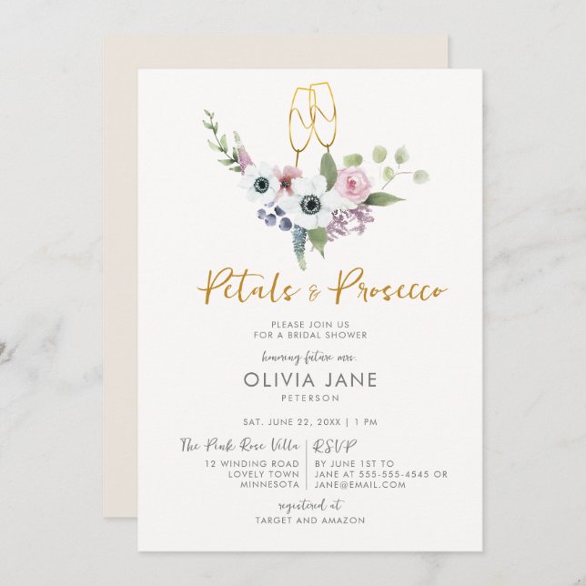 Convite Petals Prosecco Anemones Dourado Chá de panela Bub (Frente/Verso)