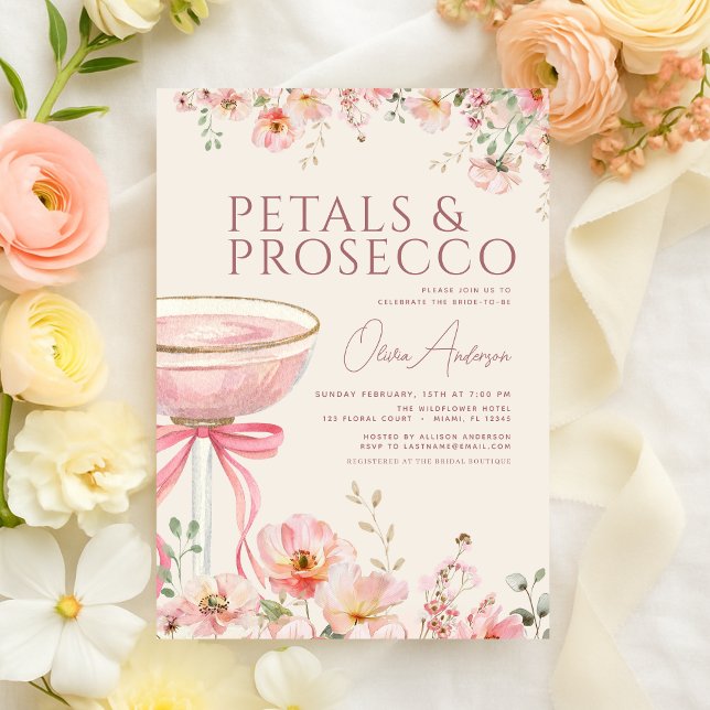 Convite Petals & Prosecco Blush Pink Bow Bridal Shower  (Criador carregado)