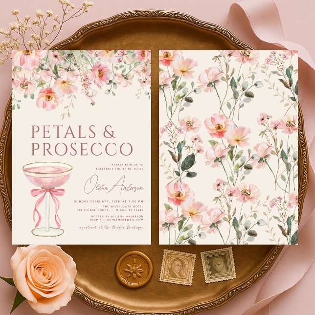 Convite Petals & Prosecco Blush Pink Bridal Shower  (Criador carregado)