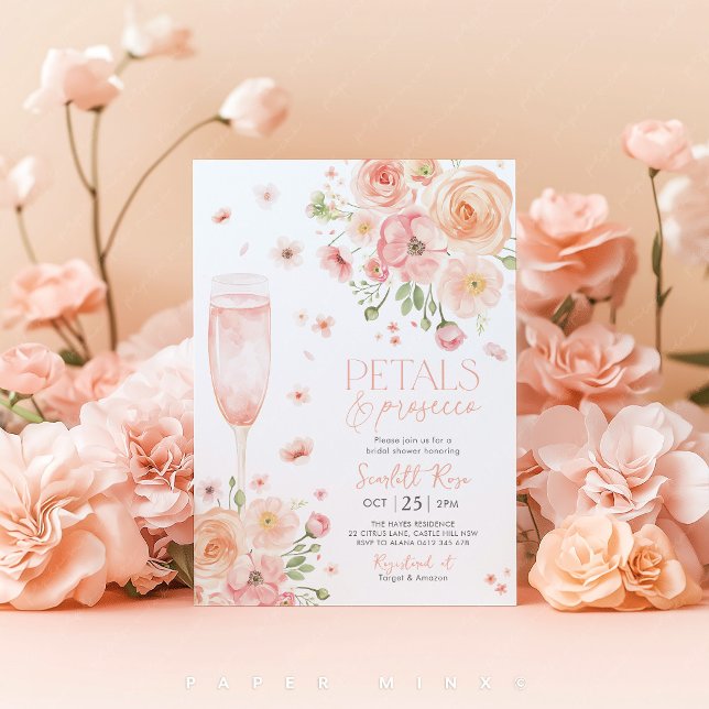 Convite Petals Prosecco Chá de panela Love In Bloom Peach (Petals & Prosecco Floral Bridal Shower Invitation)