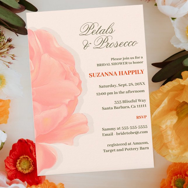 Convite Petals & Prosecco Floral Blush Chá de panela Rosa (Petal and Prosecco Floral Pink Bridal Shower Invitations.)