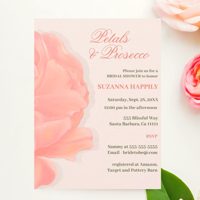Convite Petals & Prosecco Floral Blush Chá de panela Rosa (Petals and Prosecco Blush Pin Bridal Shower Invitations.)