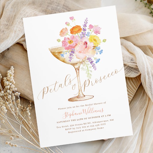 Convite Petals & Prosecco Floral Bridal Shower Invitation (Criador carregado)