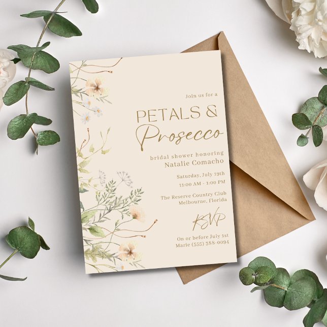 Convite Petals Prosecco Wildflower Chá de panela Party (Petals Prosecco Wildflower Bridal Shower Party Invitation)