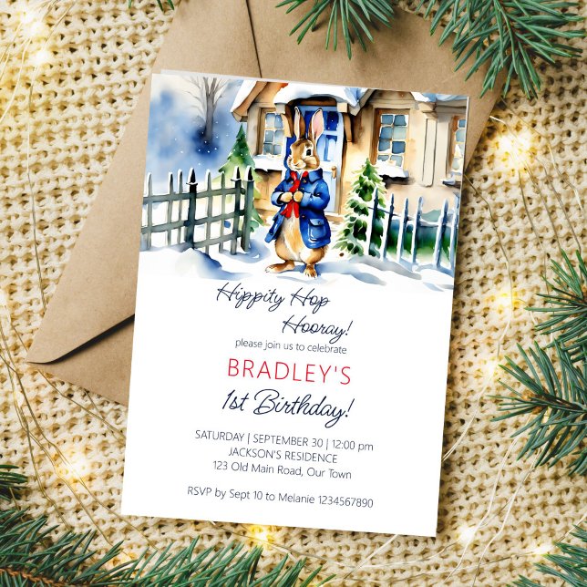 Convite Peter Coelho Inverno Temático festa de aniversário (Peter Rabbit winter birthday party editable template invitation digital download watercolor cute)