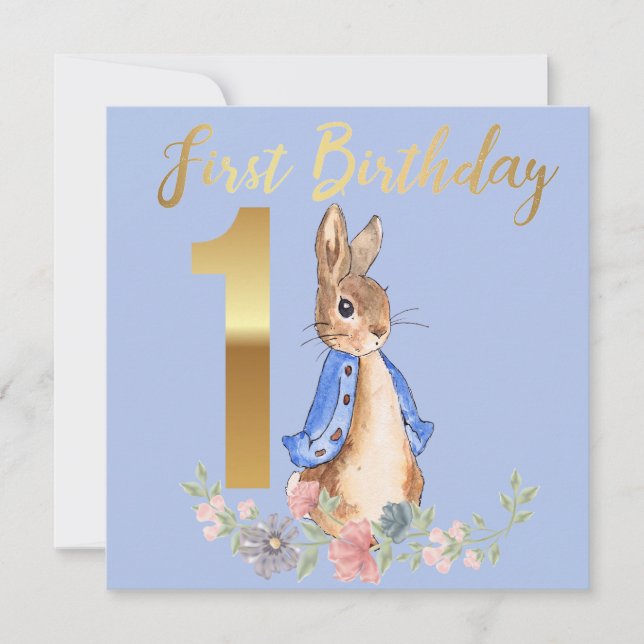 Convite Peter, o Coelho com o Dourado Primeiro Aniversário (Frente)