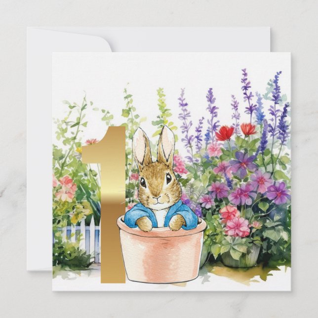 Convite Peter o Coelho em um pote no primeiro aniversário (Frente)