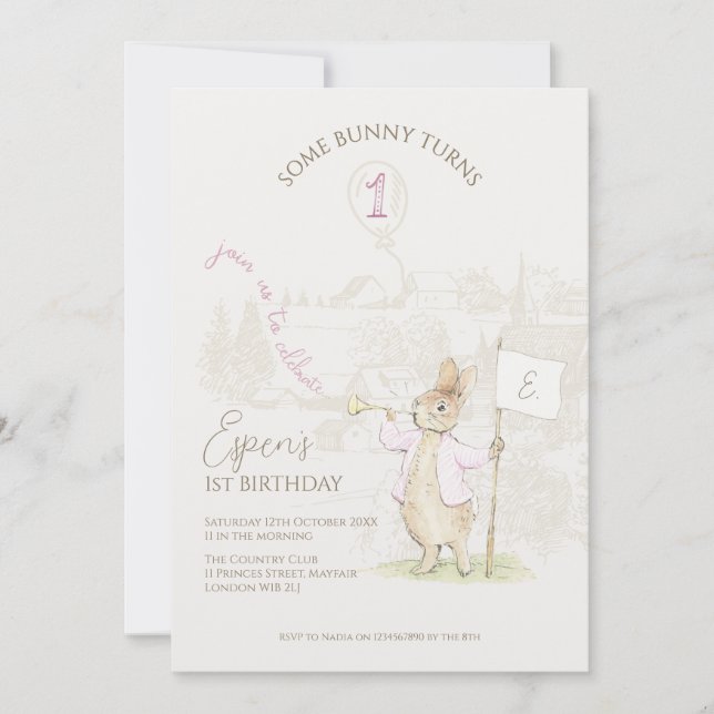 Convite Peter o Coelho Um primeiro aniversario Coelho Rosa (Frente)