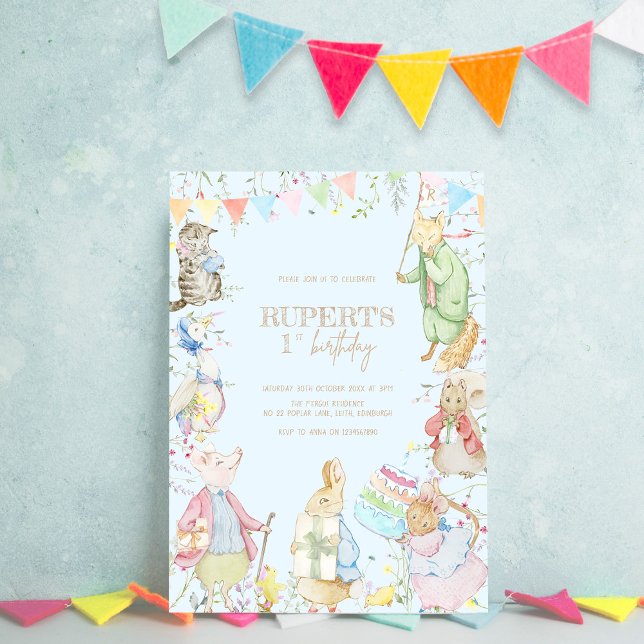 Convite Peter o Rabbit Primeiro Aniversário Azul (Criador carregado)