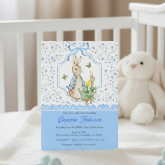 Convite Peter Rabbit Blue Floral Baby Shower Invitation