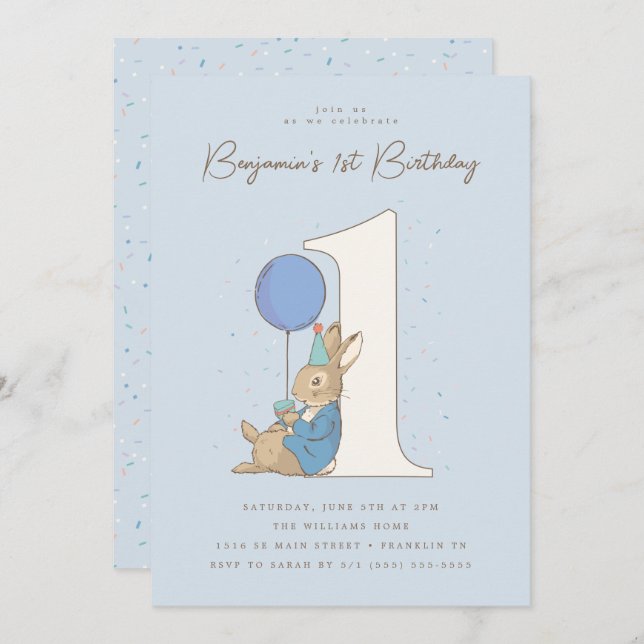 Convite Peter Rabbit | Confetti primeiro aniversario Azul (Frente/Verso)