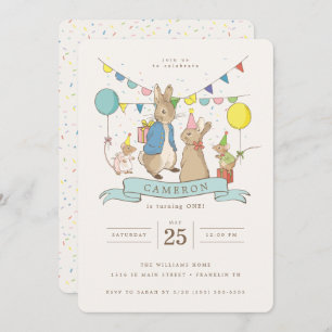 Convite Peter Rabbit e Amigos Balões e Confetti Aniversári