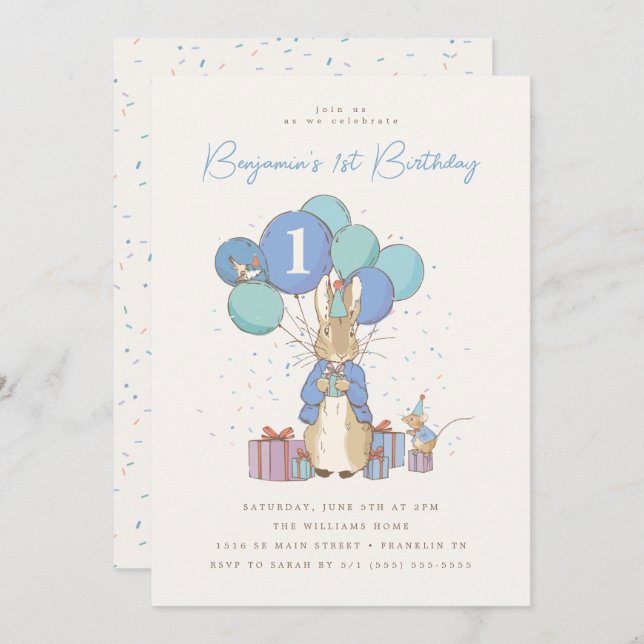 Convite Peter Rabbit primeiro aniversario Blue Confetti (Frente/Verso)