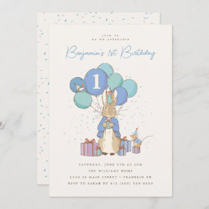 Convite Peter Rabbit primeiro aniversario Blue Confetti