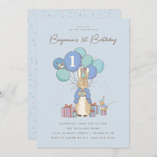 Convite Peter Rabbit primeiro aniversario Blue Confetti