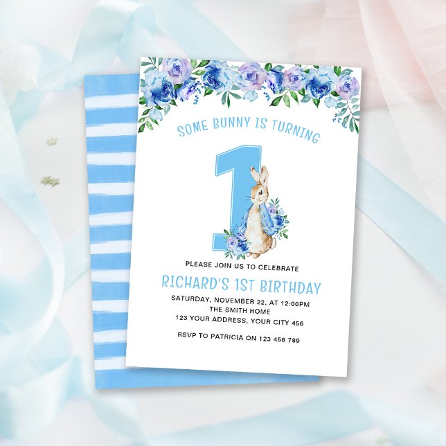 Convite Peter Rabbit primeiro aniversario Blue Floral (Criador carregado)