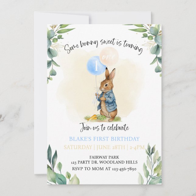 Convite Peter Rabbit Primeiro Aniversário, Bunny, primeiro (Frente)