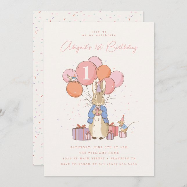 Convite Peter Rabbit| Primeiro aniversario rosaConfetti (Frente/Verso)