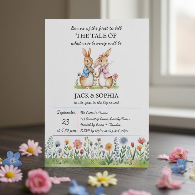 Convite Peter Rabbit Themed Gender Reveal (Peter Rabbit storybook themed gender reveal invitation)
