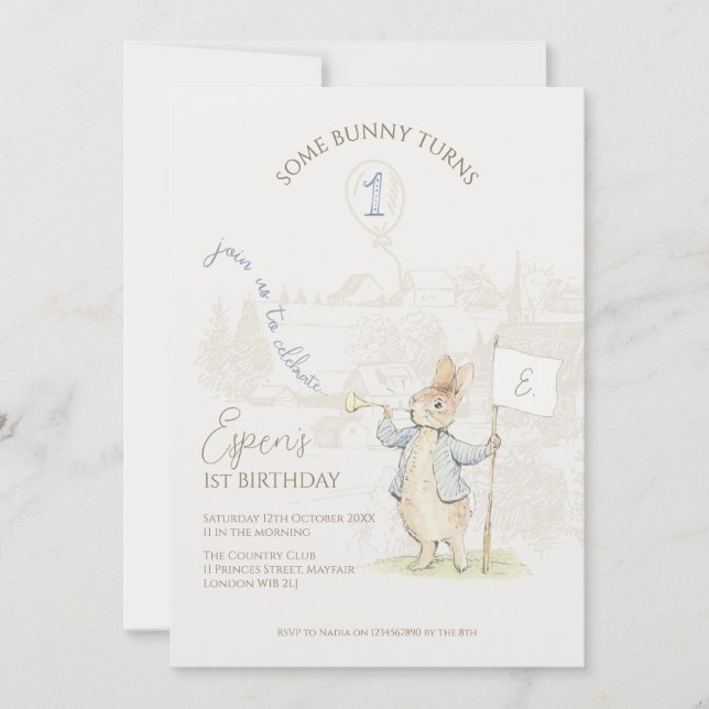 Convite Peter the Rabbit Beatrix Algum primeiro aniversari (Frente)