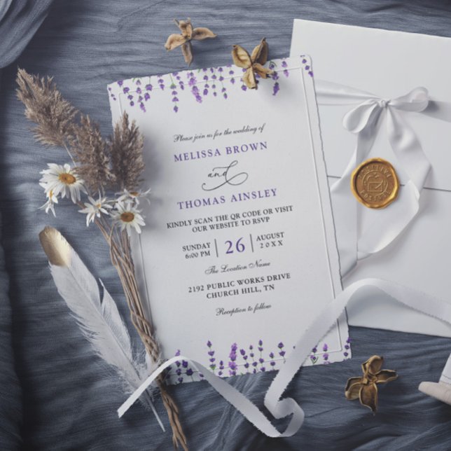 Convite Peurple Lavender Floral Budget QR Code Wedding (Criador carregado)